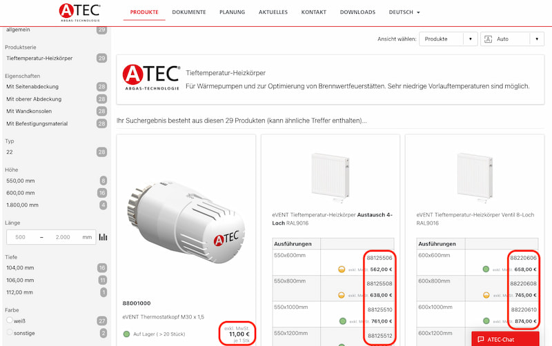 Preisanzeige in der Produktsuche OXOMI Navigator Pro auf der Website von ATEC.