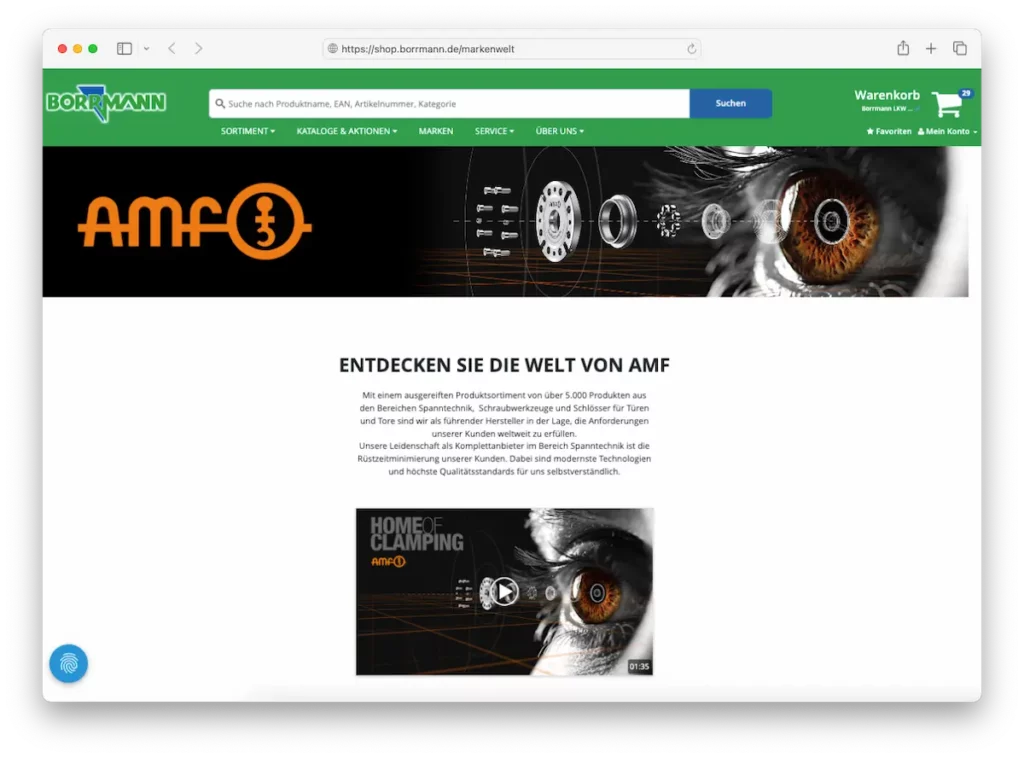 Mit OXOMI Stories erstellte Landingpages von AMF im SellSite-Shop von Borrmann.