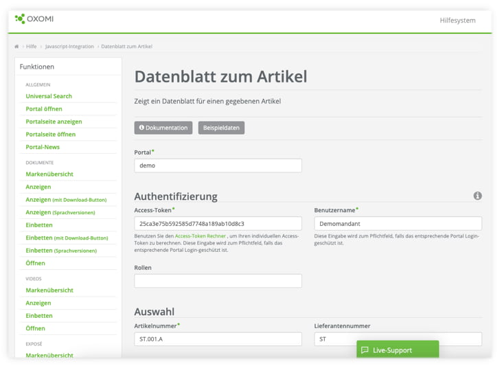 OXOMI Datenblatt im Hilfesystem