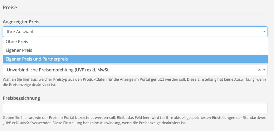 Preise Portaleinstellung Handel
