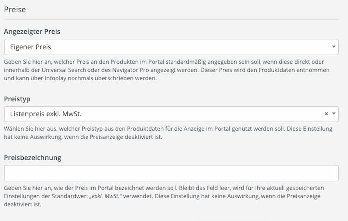 Portaleinstellungen für Preisanzeige