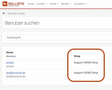 Shops in der Benutzerübersicht