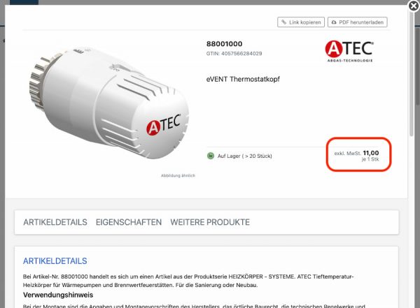 OXOMI-generiertes Datenblatt mit Preis mit einem Produkt von ATEC.